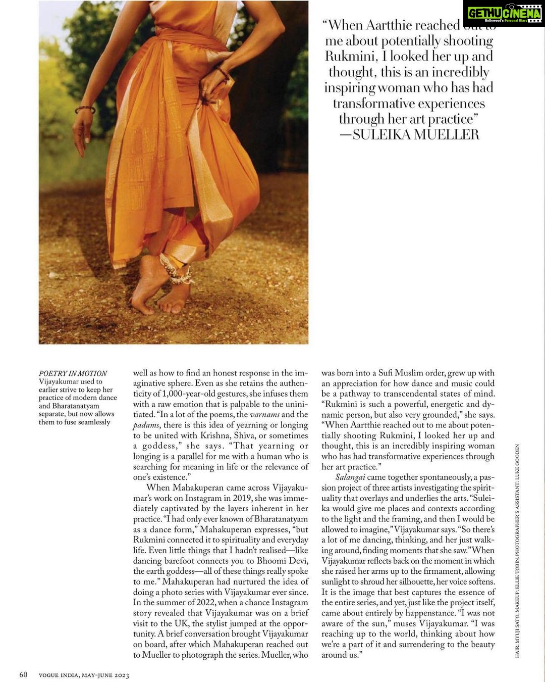 Rukmini Vijayakumar Instagram - I’m so excited to be featured in the @vogueindia May/June issue in photographs by @suleikamueller and styled by @aartthie So beautifully written by Avantika Shankar ♥️♥️♥️ Don’t forget to grab your copy of vogue india !! #vogue #vogueindia #bharatanatyam #spirituality #oneness #love #universe #salangai #shiva #parvati #indian