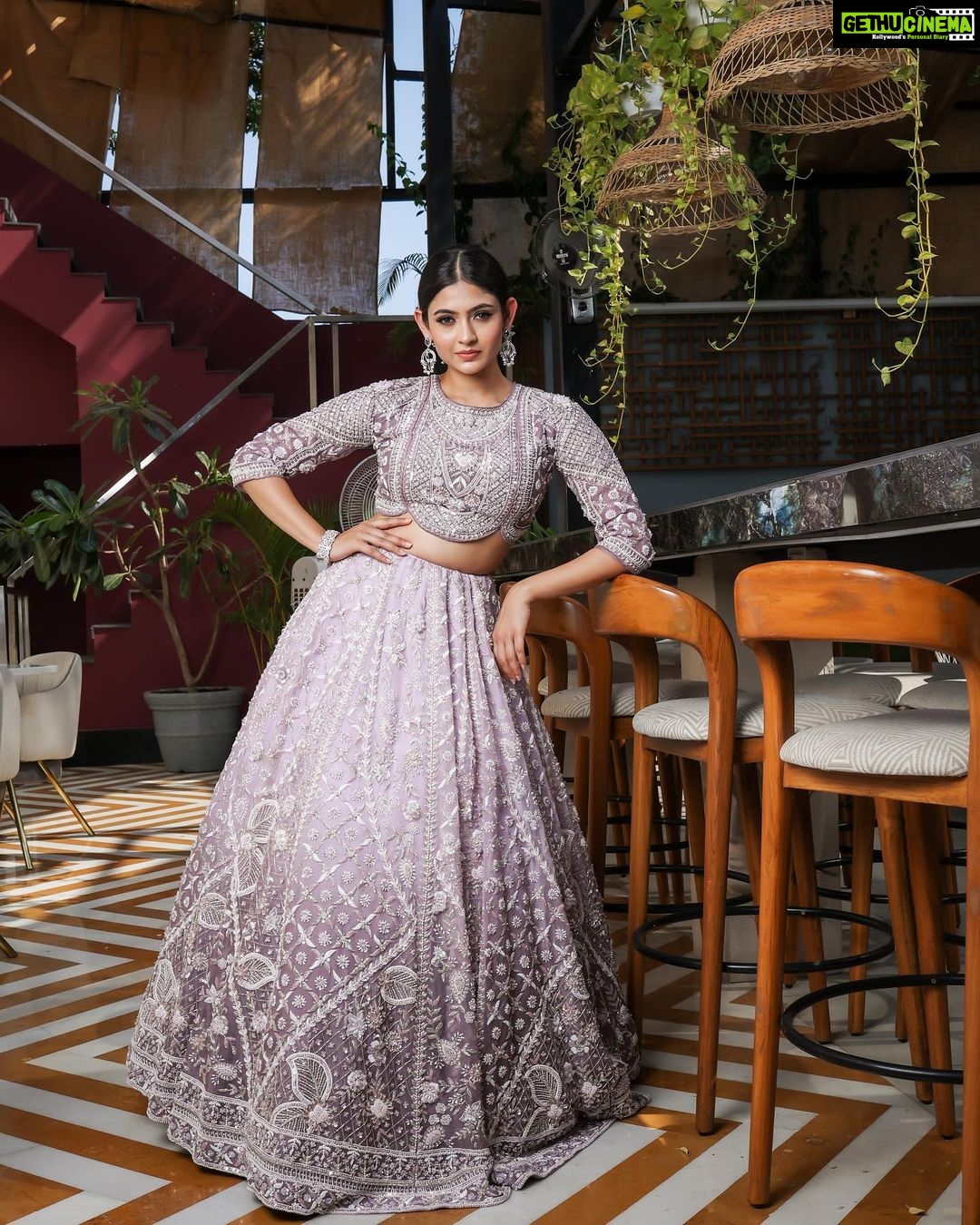 Shivangi Khedkar Instagram - Flexing being DESI💜 . . . Outfit: @emiraasbyindrani Makeup: @forumgami_artistry Hair: @hairbykrinashah Photography: @dreams2reelsproductions @dreams2reels #lehenga #indianwear #desi #shivangikhedkar