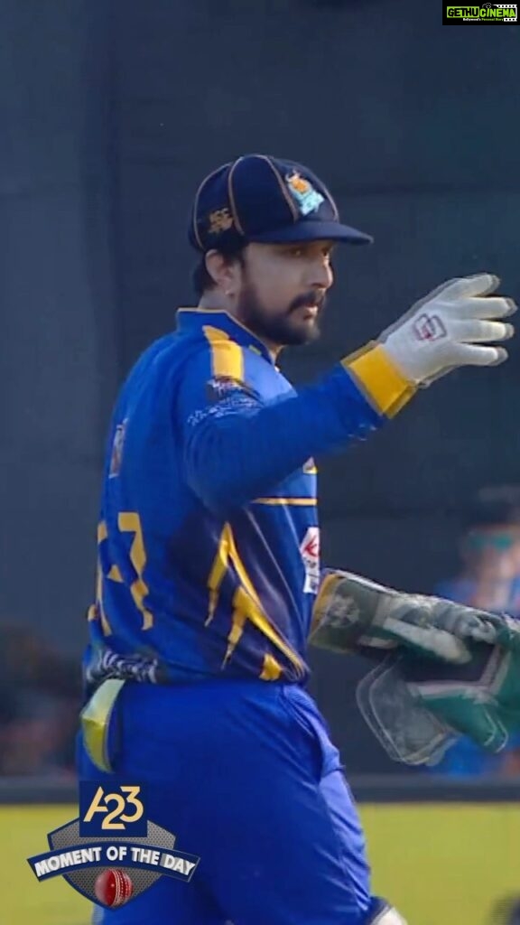 Sudeep Instagram - Unbelievable reflexes, lightning-fast hands, and an unwavering focus - @kichchasudeepa is a master of the art of wicketkeeping! Watching him in action is truly a sight to behold 🏏 Here’s the CCL “A23 Moment of the Day” from the match between @karnatakabulldozersccl and @keralastrikersofficial. #CCL2023 #CelebrityCricketLeague #a23 #chalosaathkhelein #a23rummy #letsplaytogether #a23momentoftheday