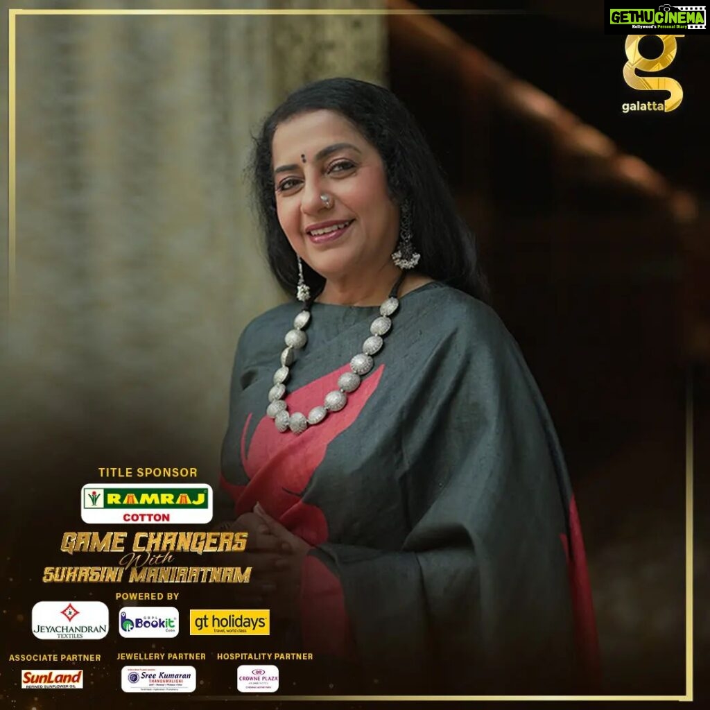 Suhasini Maniratnam Instagram - Get ready for a game changing experience! Presenting #Galatta's newest show, #GameChangersWithSuhasini 🤩 Join us as we explore the stories of those who dared to break the rules and redefine success 💪 @suhasinihasan #Suhasini @ramrajcottonofficial @jeyachandrantextiles @bookit_cabs_ @gtholidays.in @ktvhealthfood @sktmchennaistores @crowneplazachn @pradejewels @zob.ha