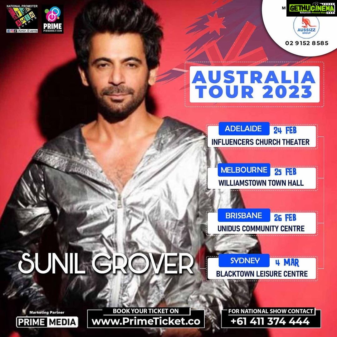 Sunil Grover Instagram - Australia !! See you with family. ❤️ www.PrimeTicket.co @amin.events