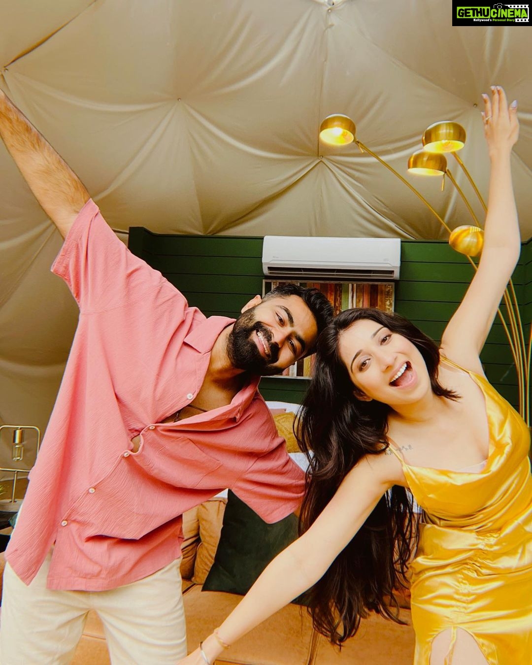 Vrushika Mehta Instagram - Taking a twirl in my sunny yellow dress with my love by my side ππΌβ€οΈ What's your favourite colour to wear with your special someone? Share in the comments below! βοΈπ . An amazing weekend spent at @birchwoodluxurycamping β€οΈ #instagood #photooftheday #vrushikamehta