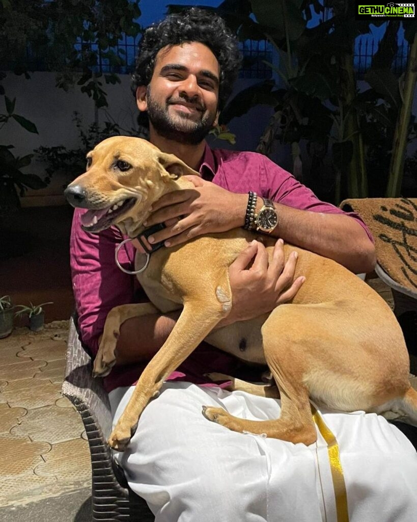 Ashok Selvan Instagram - A moment of absolute love. Blessed are those who have pets at home. 🐕 இனிய தமிழ் புத்தாண்டு நல்வாழ்த்துக்கள்! 💥 Ellavarkum hridayam niranja vishu ashamsakal! 💥 #Gold #Kombai