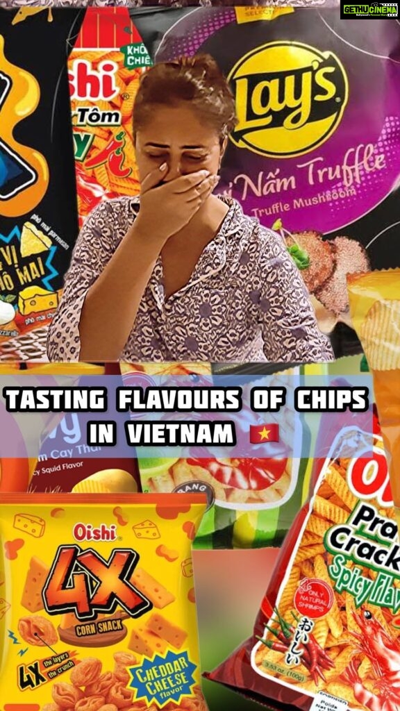 Bhanushree Mehra Instagram - So, my friend and I got our hands on a bunch of different chip flavors here in Vietnam and we decided to give them a try. It was so much fun taste-testing each one and sharing our genuine reactions. @mehakanand29 Check out how it all went down & tell me what’s the most unusual flavour of chips you’ve tried in the comments below ! 😄 . . . . . . . . . #chiptasting #vietnamflavours #snackadventure