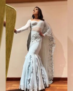 Catherine Tresa Instagram - Mermaid wishes and starfish kisses😍🌻

#waltairveerayyaonjan13th #waltairveerayya #mebeingme #tuesdaythoughts #latergram

Styled by @archamehta 
Outfit @shlokakhialaniofficial
Jewellery @karnikajewelshyd
Assisted by @poorvjainn
Makeup by @makeup_by_lavanya 
Hair by @marella_makeupstudio 
Assisted by @venkatbattula1