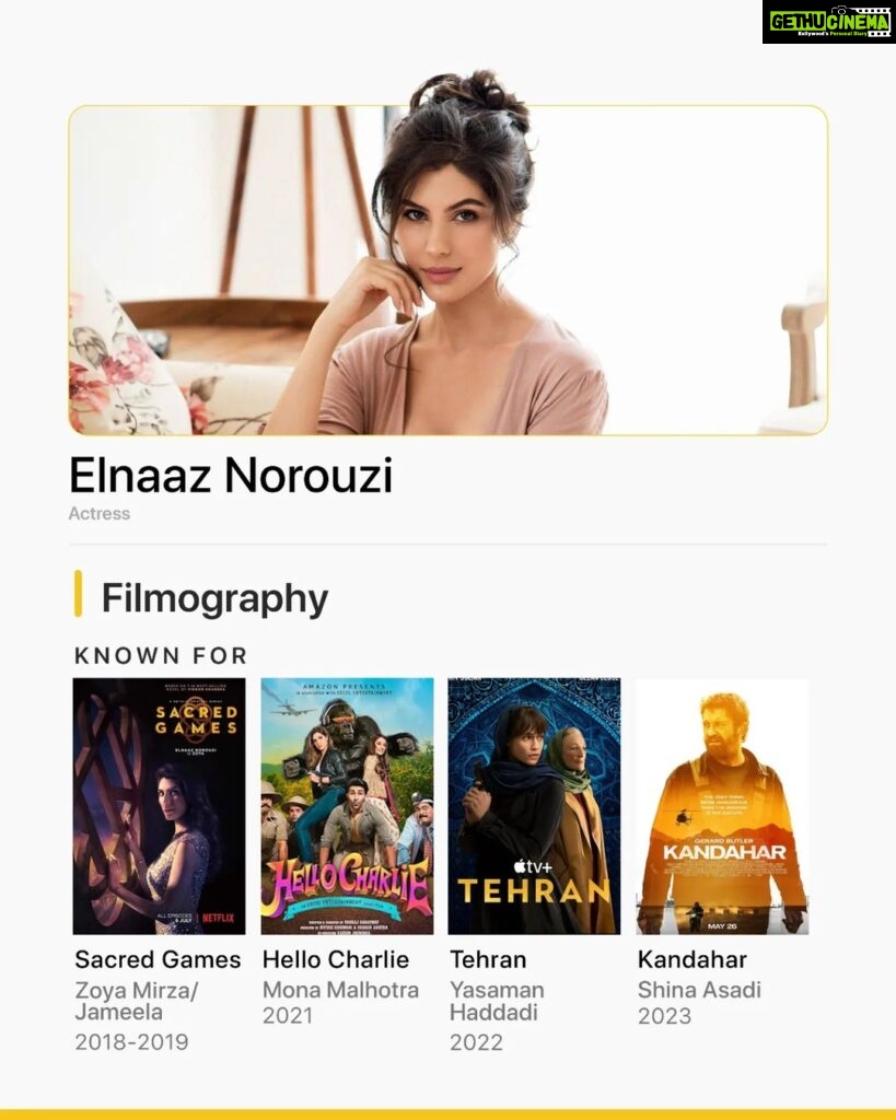 Elnaaz Norouzi Instagram - From being a part of the Most Popular Indian Web Series of all time in Sacred Games, to the latest release Kandahar, here’s looking at @iamelnaaz’s filmography through the years💛 🎬 Sacred Games | Netflix Hello Charlie | Prime Video Tehran | Apple TV Kandahar | Prime Video