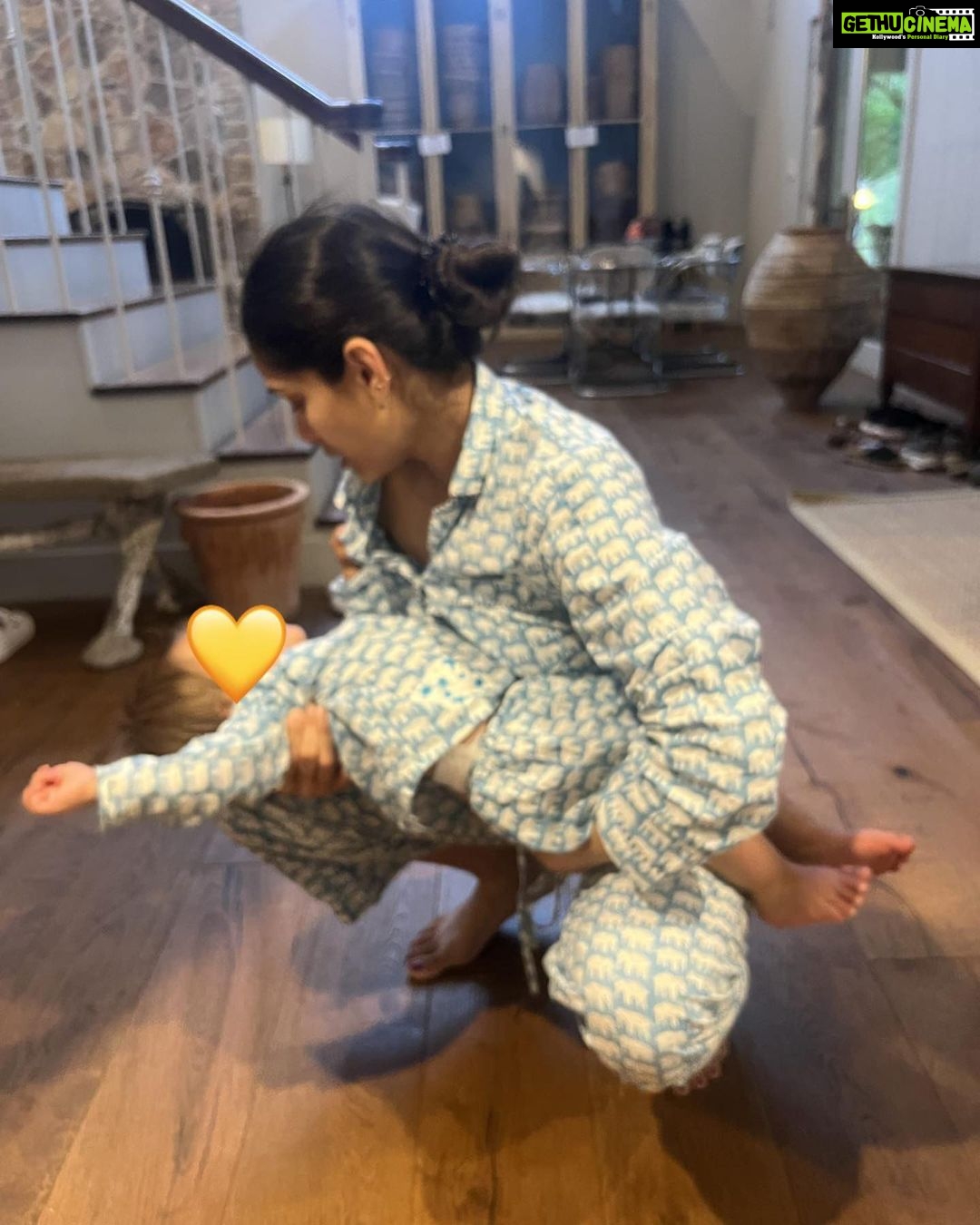 Freida Pinto Instagram - On October 28, my little Rumi-Ray turned 1! My instinct was to stay present and savour every minute of the feeling, celebrating and holding tight to the milestone. Celebrating the incredible growth Rumi has gone through, the adventures the three of us as a family have been through, and completing my first year of being a mother. We spent the weekend away with the family around the campfire. I tried my hand at baking a “smash cake” which turned out not to be very smash-able… but alas maybe next year I’ll give it another go. Rumi's gorgeous great-grandmother introduced us to Thoi Noi (a Vietnamese first birthday tradition), where little Rumi gleefully went straight for the tennis ball, tried his luck with the calculator, and pivoted to the ruler but decided on a computer mouse and calculator combo. Maybe that was his way of telling us - I have many interests and I am dynamic. I like that for Rumi. I was so grateful my wonderful sister @sharonfpinto (Rumi's godmother) and my parents were able to come from India to join us in celebrating. @preetidesai (also Rumi's godmother) kept us all in splits with her wicked sense of humour. @coryt wonderful parents, aunt, and cousins were all there to bless this lucky little boy who gets to boast of being part Indian, part American, and part Vietnamese. For the icing on the cake... Rumi and I got to romp around in our matching PJs (a tradition I will continue as long as he will let me). My heart is so content and I wanted to share a little piece of my happiness with all of you.