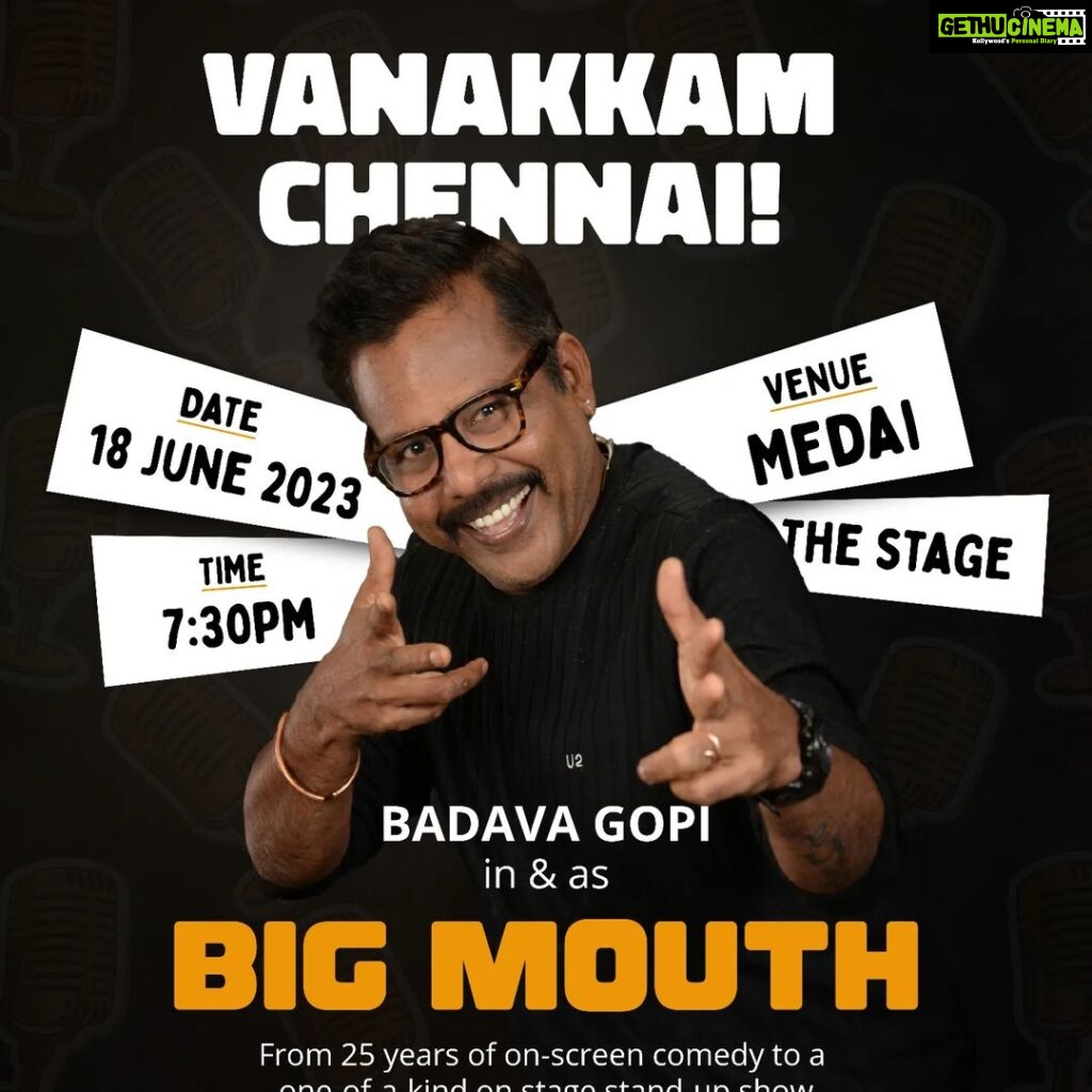 Ganesh Venkatraman Instagram - hi Chennai folks here's a shout out to my my big bro and the super talented @badavagopi anna for his first standup one of a kind stage show next Sunday 18June in Chennai... guys This man is a fire on stage and will keep u rolling in laughter.. Gauranteed Fun.. don't miss it !! sending u lots of luv BADAVA GOPI 🤗🤗 #standupcomedy #Chennai