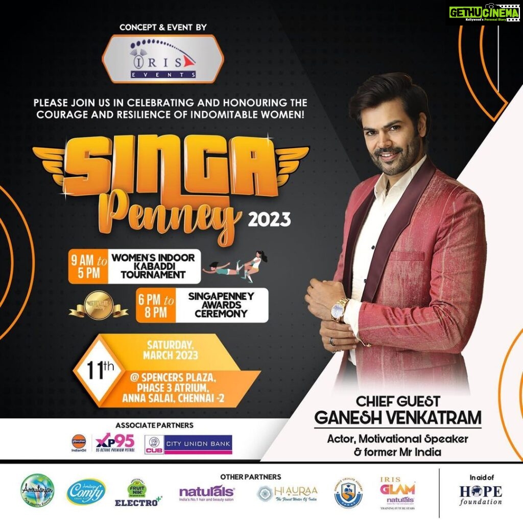 Ganesh Venkatraman Instagram - Iris Singapenney 2023 is elated to have Actor, Motivational speaker and Former Mr India,Mr Ganesh Venketraman as the Chief Guest for the 5th edition of Si ngapenney Awards 2023. Do join us for a spectacular and inspirational eveing on 11th March @spencerplazamall #womensday #internationalwomensday #kabaddi #sportsevents Spencer Plaza
