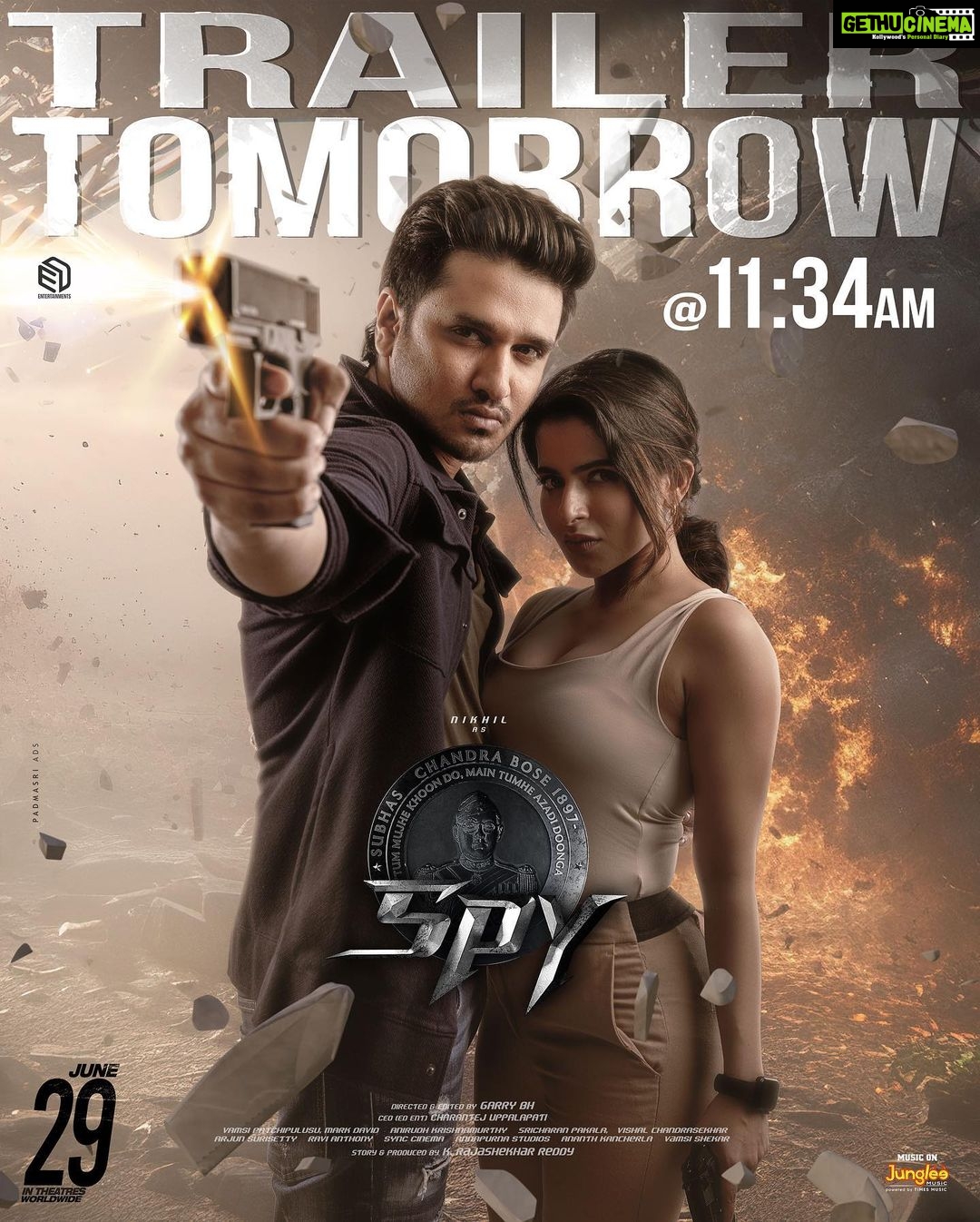 Iswarya Menon Instagram - Trailer of #SPY out tomorrow 11:34 am 💥💥💥 @a.gomatam @sanya_thakurrr @tej_uppalapati @garrybh1988 @vamsipatchipulusu @sricharanpakala