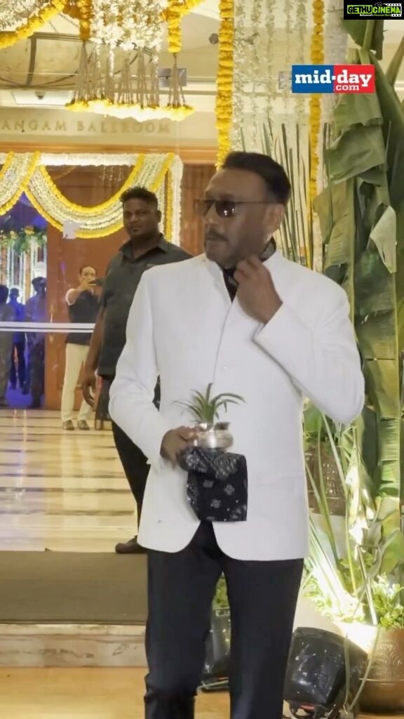 Jackie Shroff Instagram - Jackie Shroff arrives in style with this signature gift at the reception party of #iratrivedi and #madhumantena @apnabhidu #jackieshroff #jackieshroffvers #jackieshroffsir #jackieshrofffans #jackieshroffspecial #weddingreception #spotted