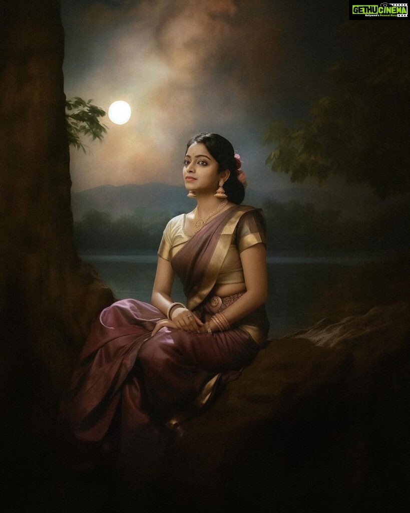 Janani Iyer Instagram - Recreating the essence of Raja Ravi Varma's Radha in the Moonlight painting with the stunning @jananihere_. An homage to timeless beauty, strength and virtue. 🌙🌟 In frame: @jananihere_ ✨ #midjourney #aiartcommunity #generativeart #midjourneyart #aiartwork #aiart #portrait #kerala #india #love #tamil #women #saree #jananiiyer #janani #indianactress #tamilcinema #tamilactress #malayalamcinema #indiancinema #kollywoodactress #kollywood #rajaravivarma #painting