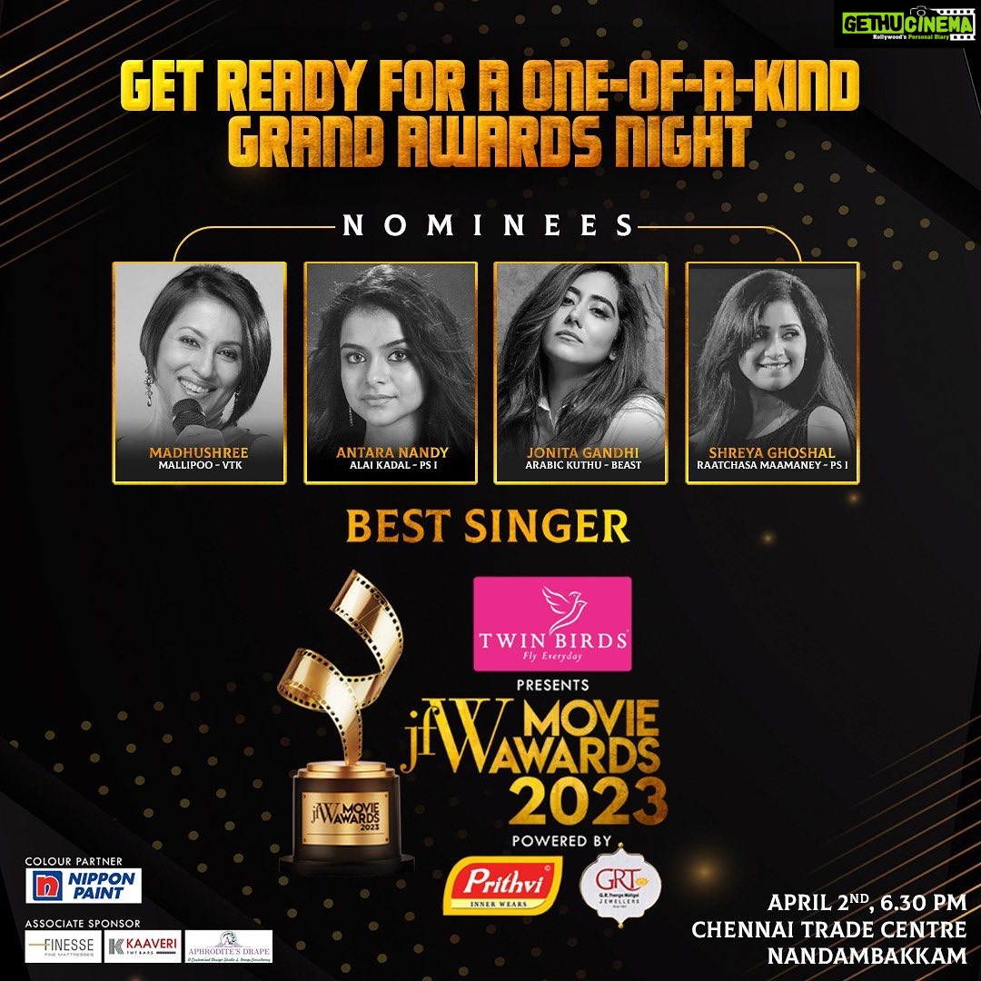 Madhushree Instagram - Feeling Great to nominated for #jfwmoveawards2023 . All the best for everyone #shreyaghoshal #jonitagandhi #antaranandy #ps1 #beast #vtk #arrahman #anirudhravichander #tamilsong #song #tamil #music #singer