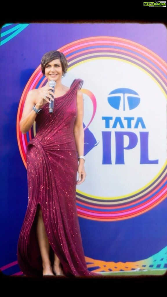 Mandira Bedi Instagram - It was my pleasure and privilege to host the opening ceremony of the 16th edition of the #IPL in #Ahmedabad yesterday. It was surreal being in that packed to capacity stadium. The atmosphere was beyond electric !! ❤️🙏🏽🧿 Thank you @bcciofficial.in and @iplt20 for having me be a part of this. Thank you @vasudhagroverr and @pooja_chaube for making it all fall in place. Thank you @jui_themakeupartist for the fab job on make up, thank you to my fav designer @gauravguptaofficial @ggpanther for the sensational gown and to my talented friend @kishh.t for capturing the essence of yesterday and all that it meant to me.. ❤️🙏🏽❣️