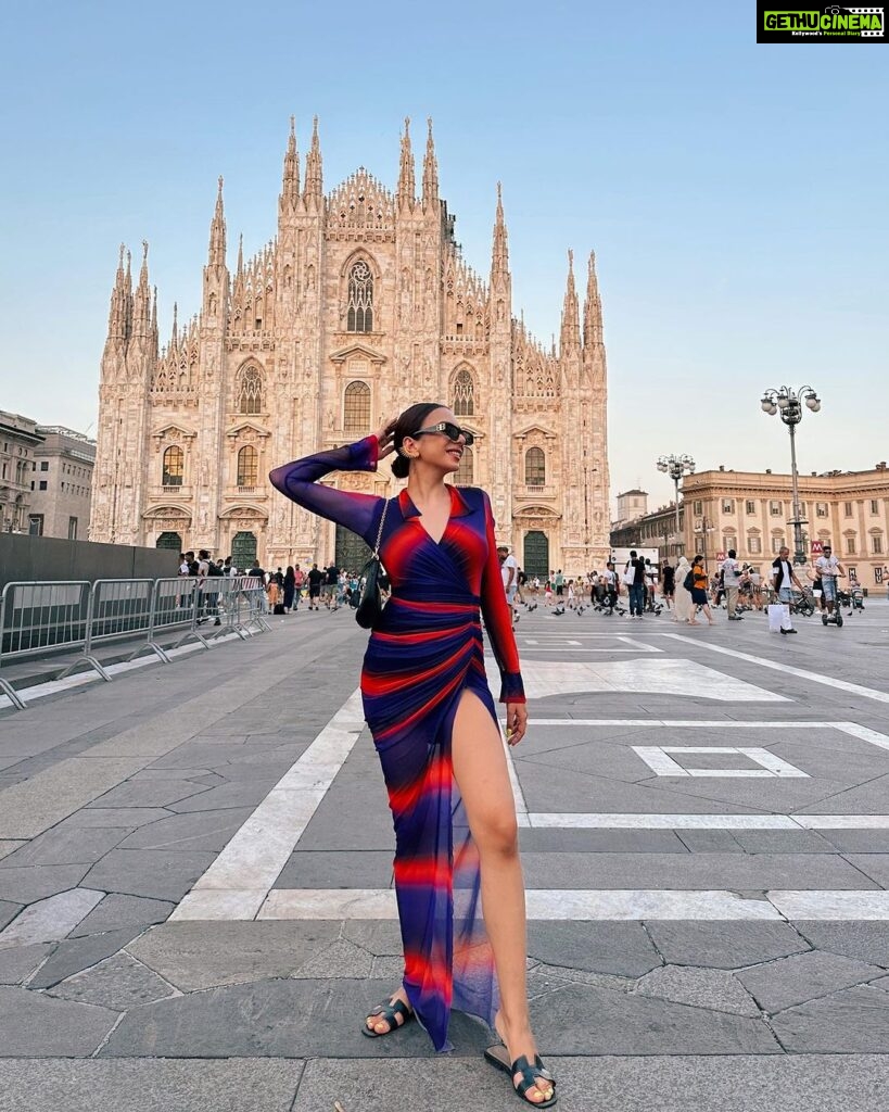 Nitibha Kaul Instagram - Mood as bright & colorful as the fit I decided to wear for this cute touristy day in Milano 🇮🇹 Wearing @labelankitajain Flats @hermes Bag @prada Sunnies @balenciaga #NKsHotGirlSummer #Milano #Duomo #TouristyDay #VisitMilan #Italy #SummerDress #ItalianSummer #EuroTrip #TravelGram Duomo di Milano, Milan, Italy