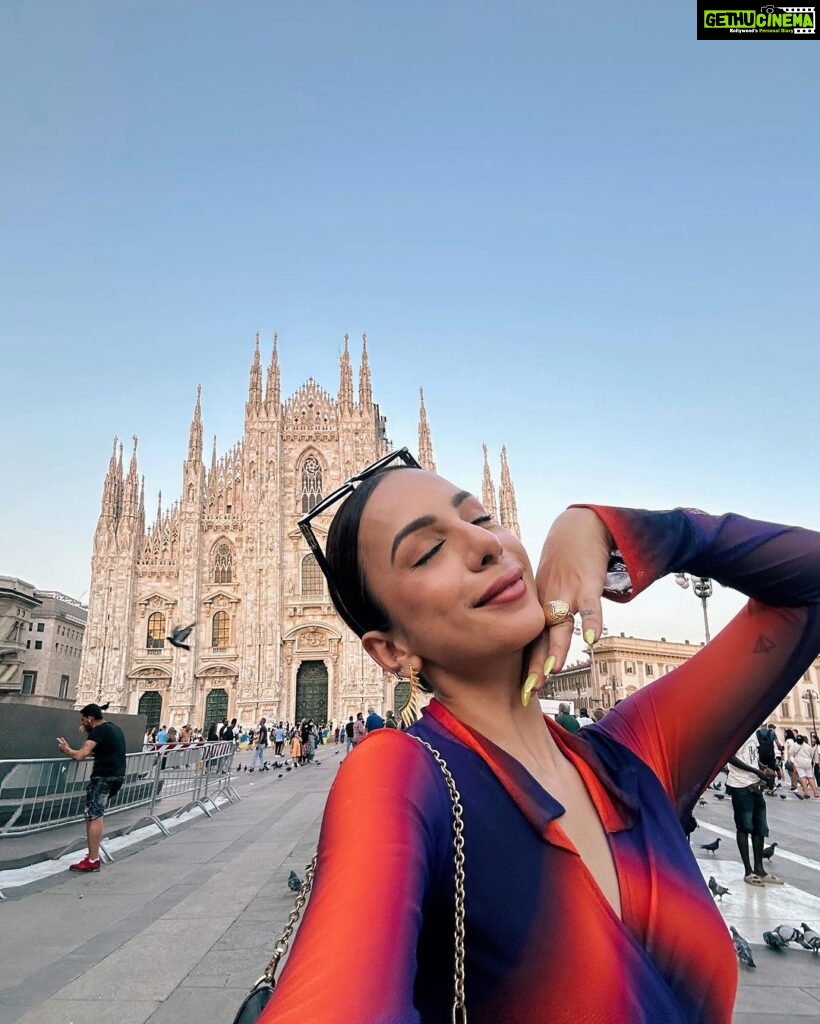 Nitibha Kaul Instagram - Mood as bright & colorful as the fit I decided to wear for this cute touristy day in Milano 🇮🇹 Wearing @labelankitajain Flats @hermes Bag @prada Sunnies @balenciaga #NKsHotGirlSummer #Milano #Duomo #TouristyDay #VisitMilan #Italy #SummerDress #ItalianSummer #EuroTrip #TravelGram Duomo di Milano, Milan, Italy