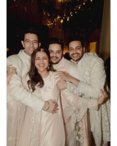 Parineeti Chopra Instagram - When you know, you know. One breakfast together and I knew - I had met the one. The most wonderful man whose quiet strength would be calming, peaceful and inspiring. His support, humour, wit and friendship are pure joy. He is my home. Our engagement party was like living a dream - a dream unfurling beautifully amidst love, laughter, emotion and loads of dancing! As we hugged those we loved dearest and celebrated with them, emotions overflowed. As a little girl in awe of princess stories, I had imagined how my fairytale would begin. Now that it has, it is even better than I had imagined. 💕