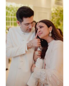 Parineeti Chopra Instagram - When you know, you know. One breakfast together and I knew - I had met the one. The most wonderful man whose quiet strength would be calming, peaceful and inspiring. His support, humour, wit and friendship are pure joy. He is my home. Our engagement party was like living a dream - a dream unfurling beautifully amidst love, laughter, emotion and loads of dancing! As we hugged those we loved dearest and celebrated with them, emotions overflowed. As a little girl in awe of princess stories, I had imagined how my fairytale would begin. Now that it has, it is even better than I had imagined. 💕