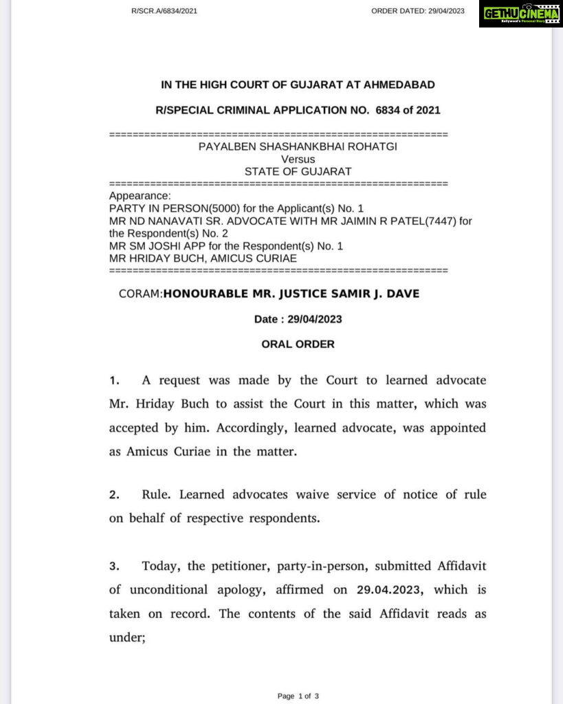 Payal Rohatgi Instagram - Some roads you need to take alone. No friends, No family, No partner. Just You and God 🙏 Special Thanks to : COURT MASTER ji Shaju Sir of Court 34, Registrar Judicial, Registrar General,Kamlesh Patel ji, Alka Patel ji, Bharat Trivedi ji, Kamlesh Trivedi ji, Prema Patel ji, Bhala bhai G Mir ji, Police Personnel Indrajit ji from Surat who showed me how to do markings on my submission by giving me his marker, Ansari Saab and Bharat bhai in CFC department, the various persons in the Gujarat High Court whose name I don’t know but who helped me specially the Sir who stands behind Justice Dave ji and announces his arrival and departure, Sandeep ji from IT cell department, ADVOCATES : Aashish Dagli ji, Tushar Sheth, Sudhanshu Jha who was referred by Prajesh Shah who is referred by Parimal Rawal ji, Anmol Jain, Hemant Rawal ji who helped me re draft today morning at 10 am at typing section in Gujarat HC to add the sections of FIR in my apology affidavit, Rahul Sharma ji and SHALINI madam (my advocate for Jaipur HC) whose audio notes were my guiding words. #payalrohatgi #yogasehihoga #ladkihoonladsaktihoon