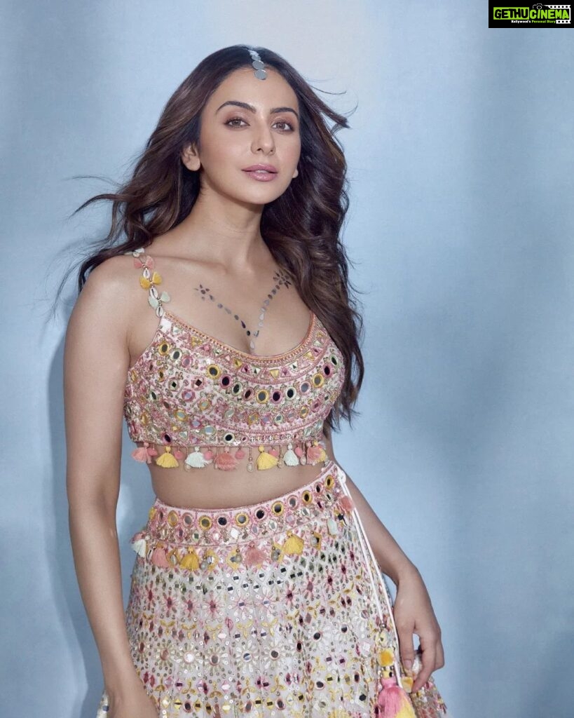 Rakul Preet Singh Instagram - I loved walking for the brand @gopivaiddesigns and enjoyed launching their SS23 collection FIZA with @timesfashionweek . Wearing a beautiful ethereal Lehenga from this collection FIZA which means summer breeze. The collection is soft, cool and easy to wear, full of mirrors and pastel colors, joyful and just perfect for Indian summer wedding!