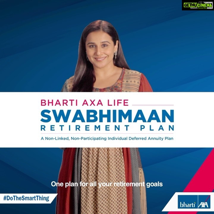 Vidya Balan Instagram - All your goals for your post-retirement life can be secured with just one plan - @bhartiaxalife : Bharti AXA Life Swabhimaan Retirement Plan. Now, you can be financially secure and live your post-retirement life on your own terms with Bharti AXA Life. Start investing in your future today! #Retirement #lifeinsurance #bhartiaxalife #retirementplanning #financialplanning