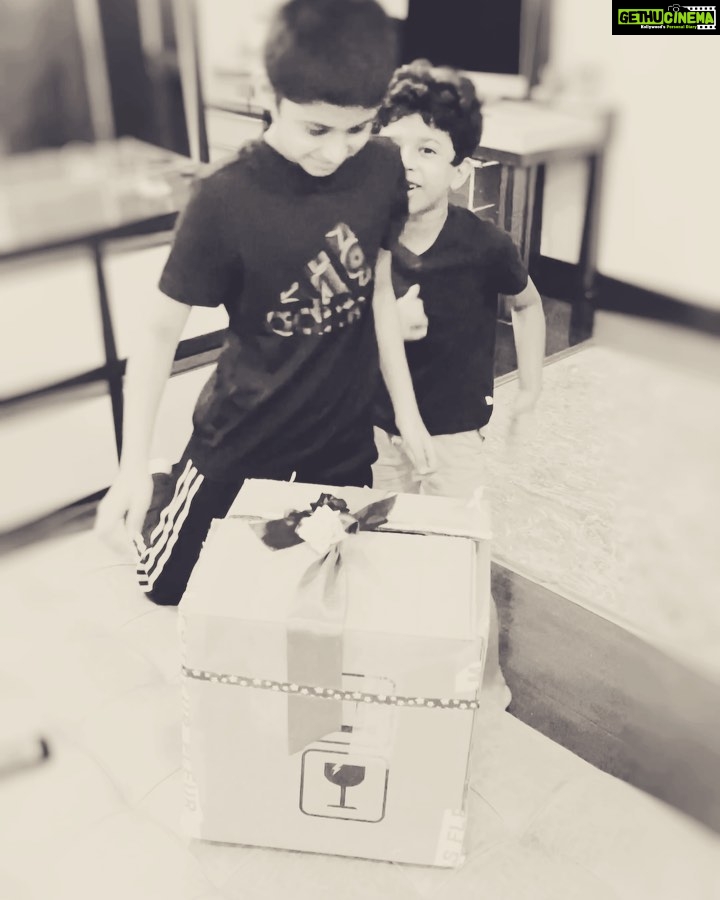 Aarthi Instagram - This boy waited for this moment for more than 7 years. For our own personal selfishness we could not give him what he wanted. But seeing his face when the moment finally came, it made us realise how much love he had bottled inside him all this time. He patiently waited, understood our situation yet relentlessly kept his hopes high. This is my golden boy. And I wish him undelayed gratification for all that his heart desires henceforth. Happy Birthday baby boy Aarav 🤍 God bless you #aaravravi #hbdaaravravi 🎥 @jayamravi_official