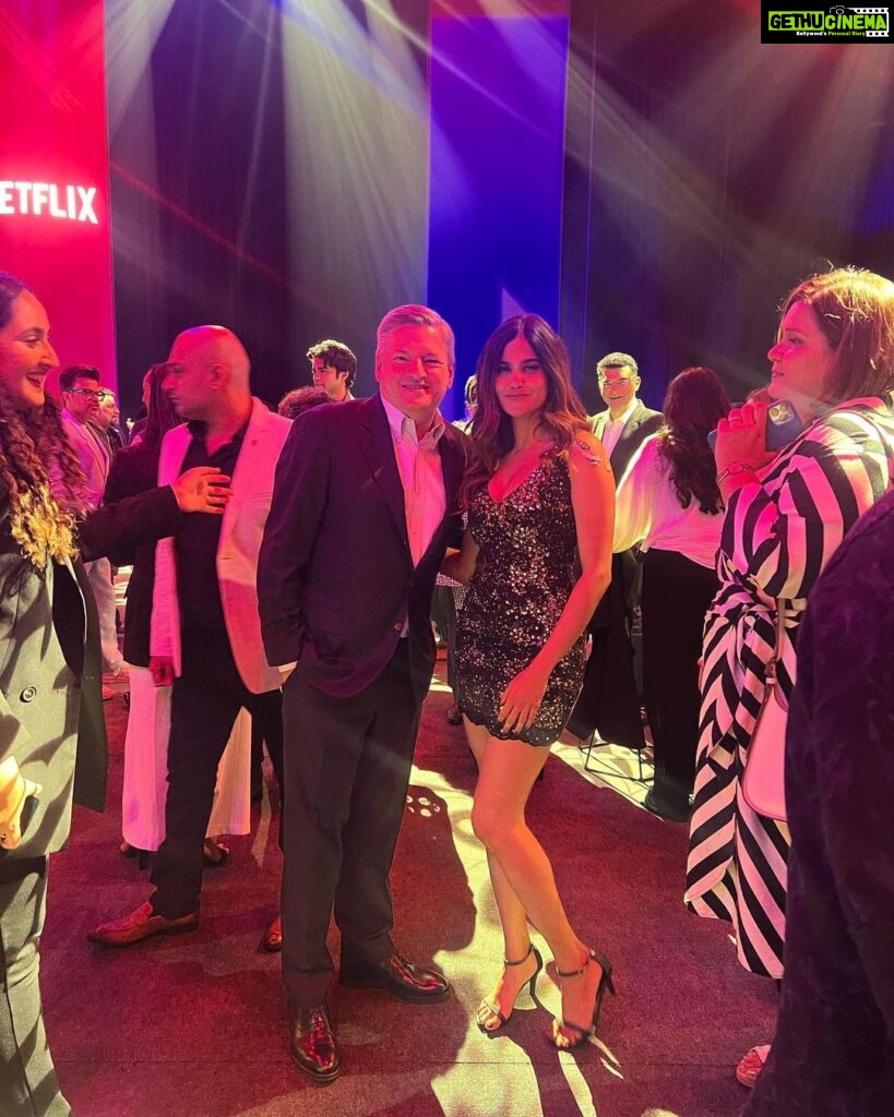 Aditi Sudhir Pohankar Instagram - The night was studded with beauty, elegance and grace of the divine ! Thank you @netflix_in @netflix for this beautiful experience of coming together and knowing each other like a family, the people who have given me such a wonderful opportunity to showcase what I have as an actor. With the Co- Ceo Netflix Ted Sarandos and our very loved showman the - king ! Karan Johar the air was filled with creation and abundance. Thank you @tedsarandos @karanjohar @tanyabami @karishmapanvelkarsaraf @monikashergill . . . . Outfit by my favourite @rockystarofficial @rockystar100 thank you so much for this lovely dress Styled by @ridhimapandeynaik thank you for all your effort like always ! ♥ Hair @harshad_hairstylist Management @dcatalent