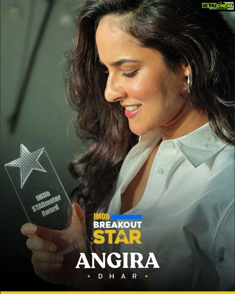 Angira Dhar Instagram - The star is out of the bag! 🥳 We're thrilled to present the IMDb “Breakout Star” STARmeter Award to @angira for her performance as Kajal in @disneyplushotstar’s Saas Bahu Aur Flamingo 🦩💛 IMDb "Breakout Star" STARmeter Award is presented to celebrities who’ve broken out and caught your eye, leaving a mark on not only your hearts with their incredible work on screen, but also your IMDb searches! 🎉 Psst.. it is determined by the pageviews of more than 200 million monthly visitors to IMDb from around the world! Don't forget to catch the Popular Celebrities Feature on the IMDb App on both iOS and Android.