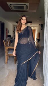 Arthi Venkatesh Instagram - I could live in black 🖤 Look 1 Top: @hunkemollerindia Trouser: @zara Look2 Saree @suta_bombay