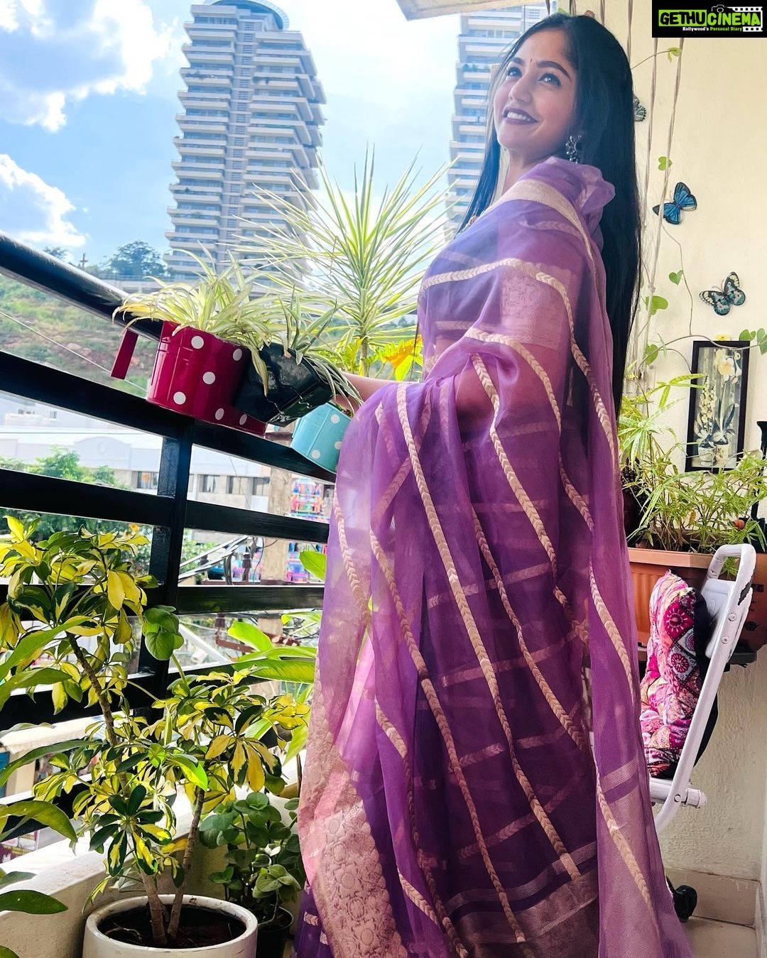 Bhavya Gowda Instagram - 💜 Saree: @abhicollections1 Jewels: @thespatika