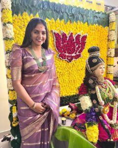 Bhavya Gowda Instagram - 💜 Saree: @abhicollections1 Jewels: @thespatika