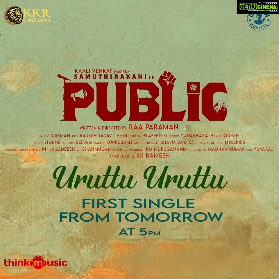 D. Imman Instagram - First Single from #Public Unveiling Tomorrow 5pm! Sung by Makkalisai Kuralgal Jayamoorthy and Senthil Ganesh! A Political Satire song penned by Yugabharathi! A #DImmanMusical Directed by Raa Paraman! Produced by KKR Cinemas! Audio on Think Music! Praise God!