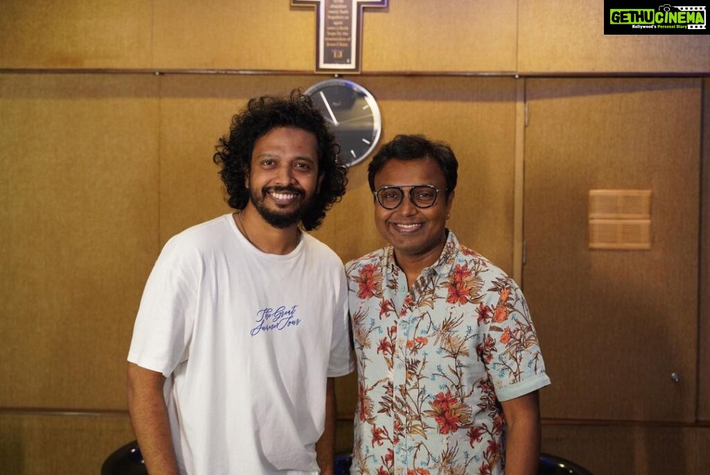 D. Imman Instagram - Glad to record Singers Nakash Aziz,Anthakudi Ilayaraja and Swetha Mohan for a rustic dance number for Brother Santhanam starrer untitled project.Produced by Gopuram Films,Anbu Chezhiyan.Directed by N.Anand.Lyric by Muthamil. Praise God!