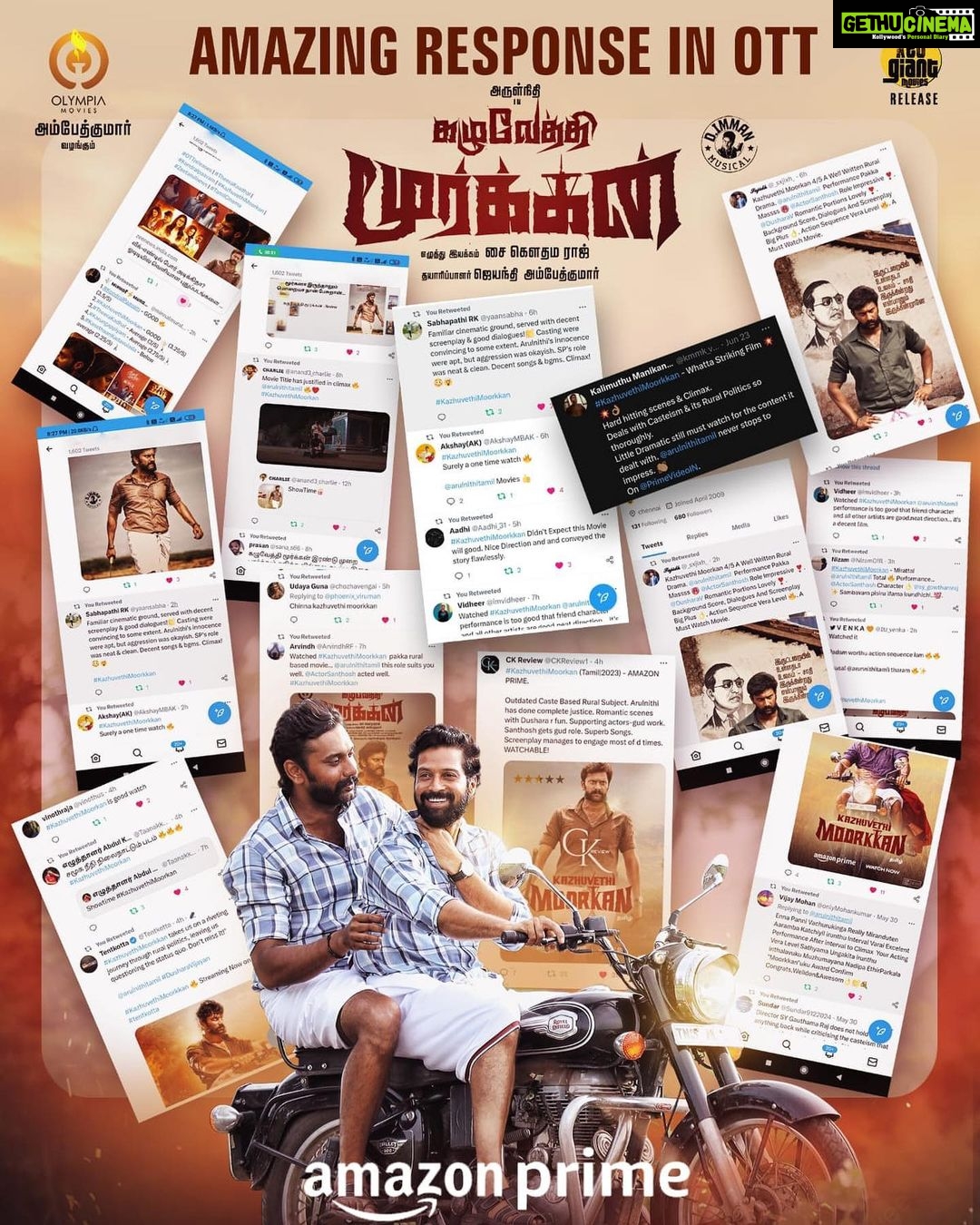 D. Imman Instagram - Extraordinary response to #KazhuvethiMoorkan streaming now on Amazon Prime. @arulnithitamil's performance is getting a lot of acclaim! Link - app.primevideo.com/detail?gti=amz… @sy_gowthamraj @OlympiaMovis @RedGiantMovies_ @ambethkumarmla @immancomposer @officialdushara @Actorsanthosh