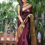Delna Davis Instagram - Indulge in the luxurious elegance of our exclusive handwoven Kanchipuram silk saree, crafted with utmost precision and adorned with a resplendent gold zari woven border. This masterpiece of traditional artistry features a rich pallu that adds an opulent touch to its already exquisite design. The enchanting color of the saree is a captivating Dark Coffee Brown, exuding sophistication and grace. @prahlasilks . 📸 @shiva_anand_makeup_artist