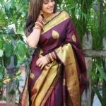 Delna Davis Instagram - Indulge in the luxurious elegance of our exclusive handwoven Kanchipuram silk saree, crafted with utmost precision and adorned with a resplendent gold zari woven border. This masterpiece of traditional artistry features a rich pallu that adds an opulent touch to its already exquisite design. The enchanting color of the saree is a captivating Dark Coffee Brown, exuding sophistication and grace. @prahlasilks . 📸 @shiva_anand_makeup_artist