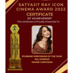 Elli AvrRam Instagram - Thank you for honoring me the Satyajit Ray Icon Cinema award as - Stunning Performer of the Year - For my role as Madhuri in Naane Varuvean❤️🙏 Once again love and gratitude to my director @selvaraghavan sir, costar @dhanushkraja cinematographer @omdop producer @thevcreation and the entire film team of Naane Varuvean, and to the audience who’ve shown so much love for this role of mine❤️🙏💐 #grateful #thankyou #naanevaruven #madhuri #elliavrram #yourstruly