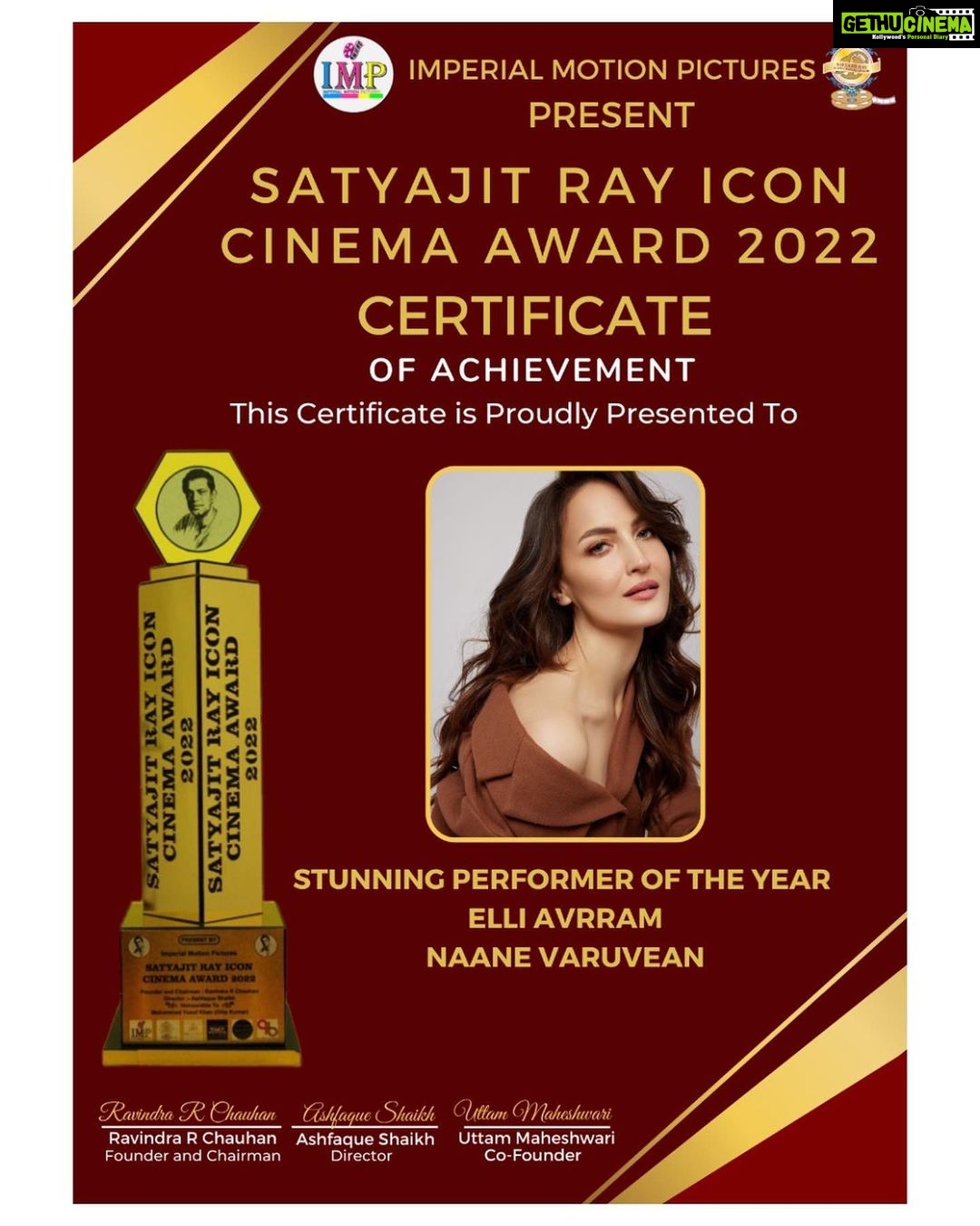Elli AvrRam Instagram - Thank you for honoring me the Satyajit Ray Icon Cinema award as - Stunning Performer of the Year - For my role as Madhuri in Naane Varuvean❤️🙏 Once again love and gratitude to my director @selvaraghavan sir, costar @dhanushkraja cinematographer @omdop producer @thevcreation and the entire film team of Naane Varuvean, and to the audience who’ve shown so much love for this role of mine❤️🙏💐 #grateful #thankyou #naanevaruven #madhuri #elliavrram #yourstruly