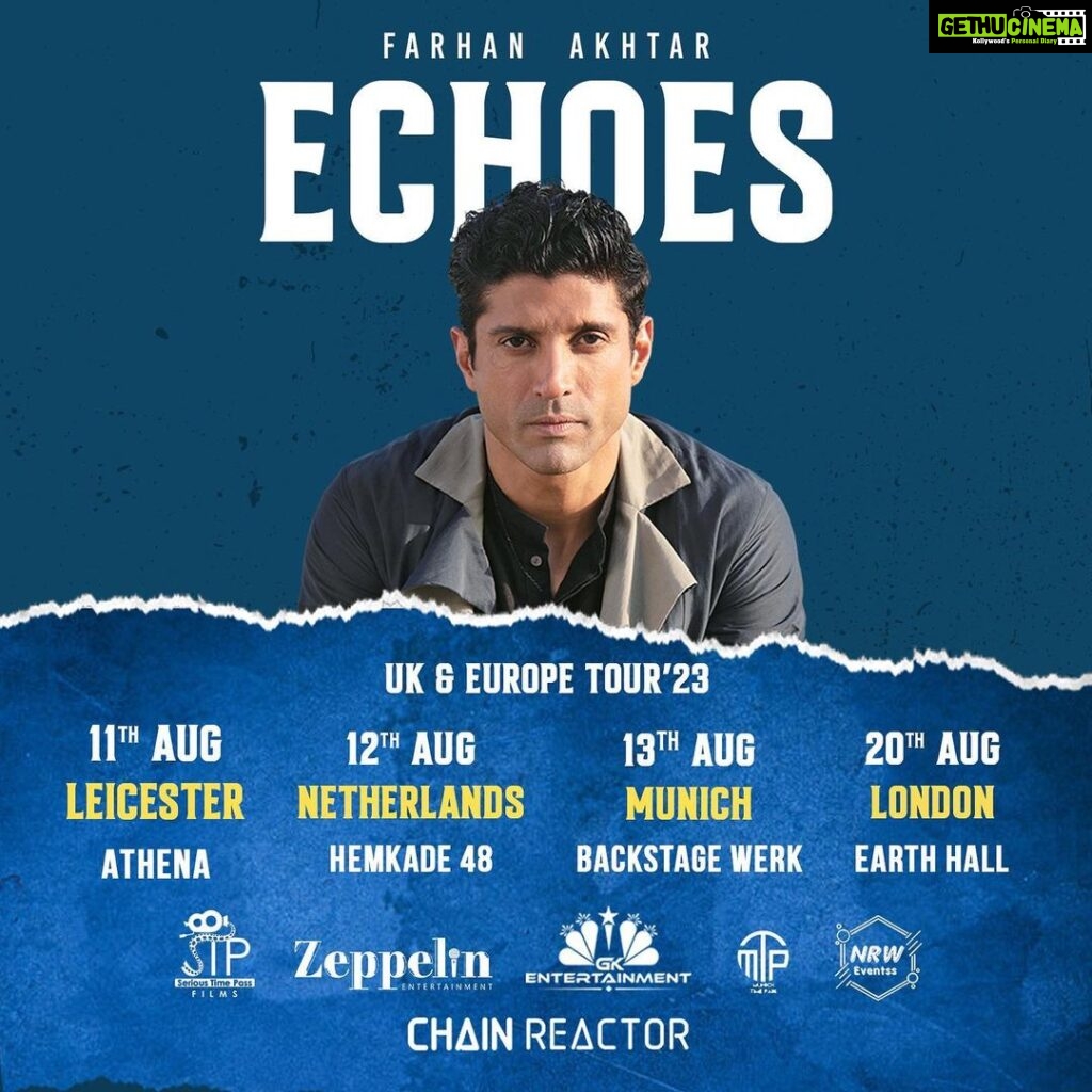 Farhan Akhtar Instagram - Thrilled to announce my first ever ECHOES UK & Europe tour. Come hear me perform songs from my debut album Echoes and we’ll also throw in some of your favourite tracks from my movies. 😉 Look forward to meeting and entertaining you wonderful people. Ticket link in bio. 😊