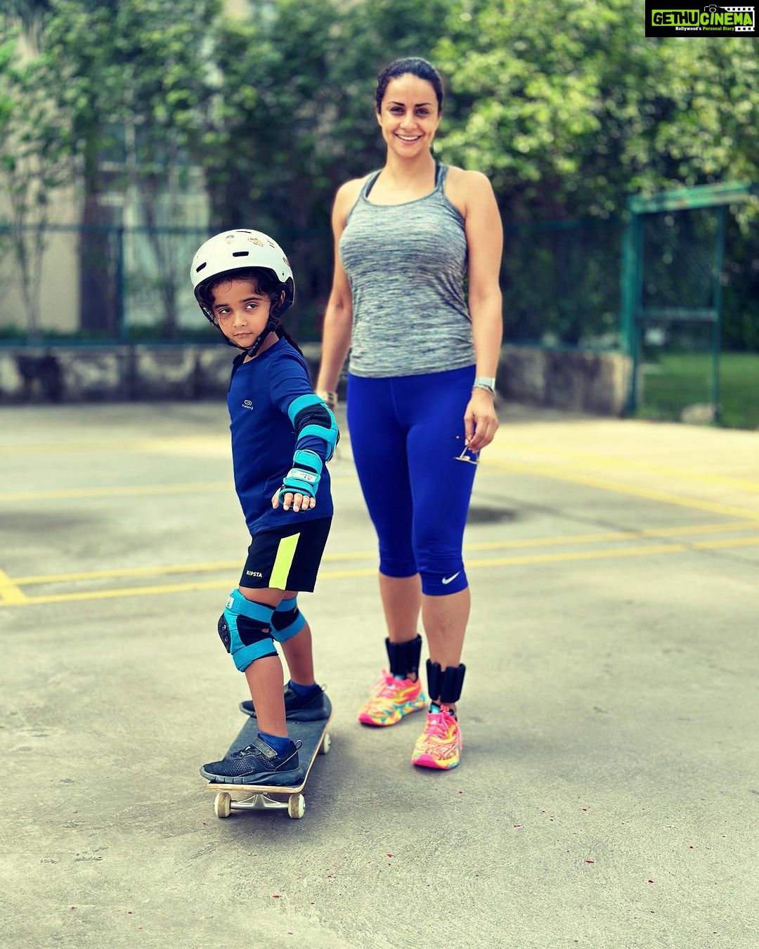 Gul Panag Instagram - “You know why Moms are in sportswear a lot ?? Because mother hood is an extreme sport . “ Via @mytherapistsays 💁🏻♀️ I seem to find myself posting pictures in workout clothes a lot. It’s because I’m beginning to subscribe to the view - that motherhood is indeed an extreme sport!! In other news Nihal has decided that he’s done with Skating. But seems to have an infinite amount of interest in skateboarding. So we started introducing him to the sport. This is his second class. And he’s not doing too badly. Also, I had a few questions on my @theflexnest anklets .And bangles ( last photo) on my stories. I do low intensity, steady state, cardio 3 to 4 times a week in addition to strength training. I find myself challenged better if I have resistance both in my hands and in my feet. Over the years I have used various kinds of ankle weights and wrist weights. Most used to be filled with sand. They were bulky as well as uncomfortable most often. These are sleek, comfortable and nonintrusive. I’ve had these for about a year and I absolutely love them. A long walk, say 45 minutes or so, with these, activate the core in addition to the legs of course. Do give it a try.😀