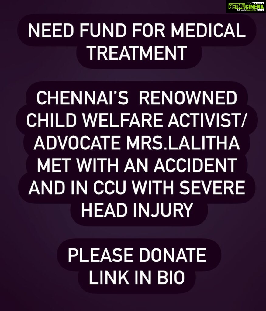 Guru Somasundaram Instagram - Let us pray for the speedy recovery of Mrs.Lalitha, an empathetic social activist who met with an accident and fighting for her dear life. Because of her dedicated work towards children, Government of Tamilnadu appointed her as a Member of the Child Welfare Committee (CWC) and the United States of America has given “Iqbal Masih Award”. Her husband is a professor in Madras School of Social Work and their family needs prayers and support! Forward the msg in your circle. Click my link in bio to donate. Even a very small amount counts.