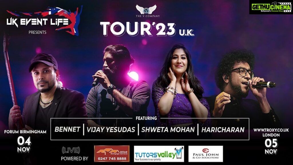 Haricharan Instagram - The wait is over, Here’s Launching the First Look of our #TOUR23UK Starring @_shwetamohan_ , @haricharanmusic and @thevijayyesudas Ft. @bennetandtheband A Rocking Concert for All Ages for All Generations. Brought to you by @ukeventlife & @tutorsvalleymusic in association with @thevcompanyofficial Nov 4th @forumbirmingham Nov 5th @troxylondon Go grab your tickets! And see this trio give you an night to remember. Tickets are available on the following ticketing platforms. https://www.ukeventlife.co.uk/event-details/24/Tour_23 ---------------------------- https://www.ticketmaster.co.uk/vij.../event/36005F01D2FD264E ---------------------------- https://troxy.co.uk/.../vijay-yesudas-shweta-mohan.../ #VijayYesudas #swethamohan #Haricharan #Shweta Mohan #Haricharan #tutorsvalleymusic #music #live #concert #tour #lifestyle Designer : @sanjam_creatives Photographers and concepts @mnh_photography_ @lens_with_wheels
