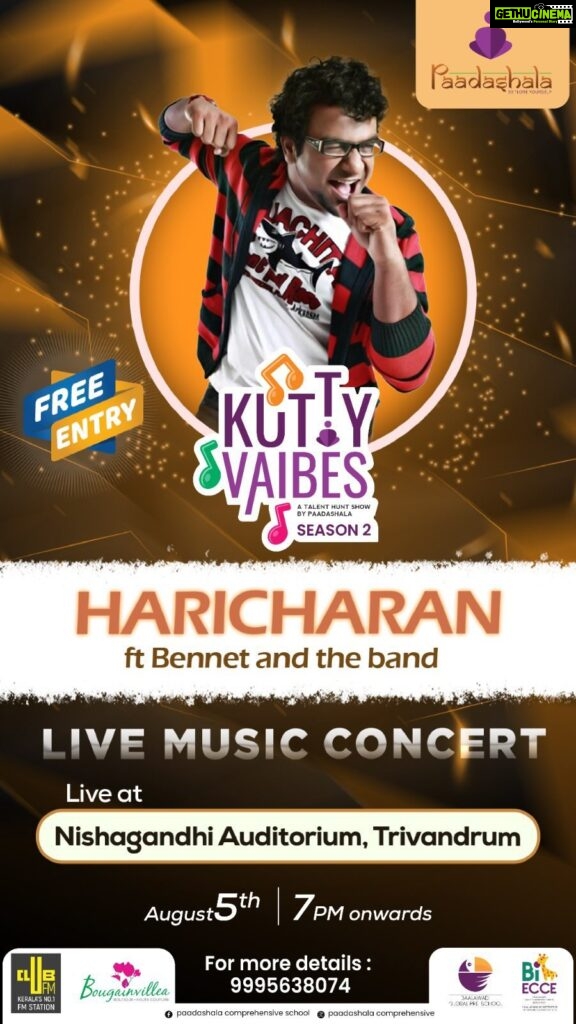 Haricharan Instagram - Performing my very own Live Concert in Thiruvananthapuram this Saturday at the Nishagandi Auditorium with @bennetandtheband @paadashalacomprehensive @eloungeindia