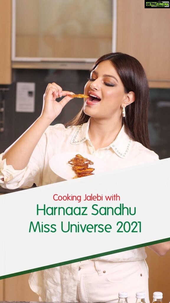 Harnaaz Kaur Sandhu Instagram - @missuniverse @harnaazsandhu_03 is showing her cooking skill by making Jalebi, her favourite traditional snack from India. Don’t forget to recook and tag us . #HealthyInsideFreshOutside #YOUC1000Vitamin #MissUniverse #Harnaazsandhu #Cooking #Jalebi