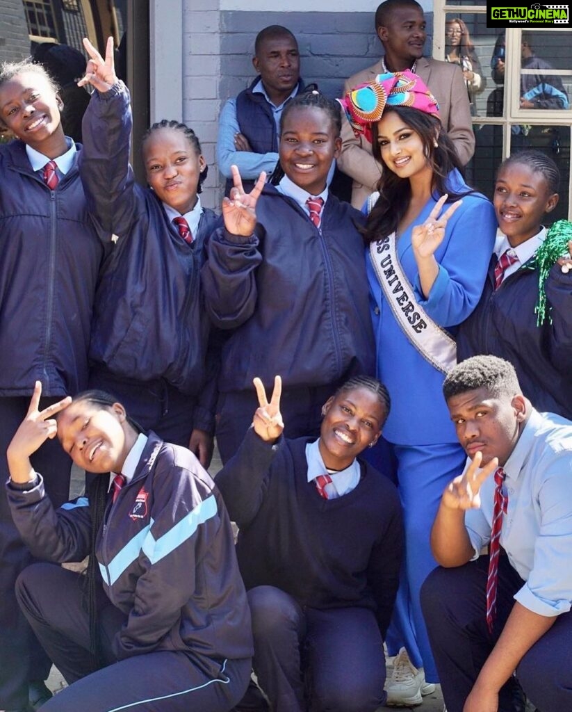 Harnaaz Kaur Sandhu Instagram - Today we received a warm welcome at Mamelodi-East Pre-Vocational School where we met with young change makers and spoke on menstrual equity and empowerment. I truly wanted to inspire them but eventually ended up getting inspired from these young powerful souls! Keep empowering! ❤️✨ @missuniverse @timesquareza @official_misssa Captured by @ogmish Styled by @meemmap Outfit @wightelephant Makeup @reneedewitmakeupartist Hair @rene_ultimateglamour South Africa