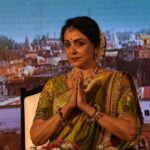 Hema Malini Instagram - A small interesting fashion show was arranged with models wearing lovely lehengas with the Vrindavan theme prints. I too wore a saree with the same theme & it was a runaway hit! #vrindavan #fashionshow