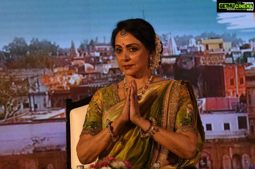Hema Malini Instagram - A small interesting fashion show was arranged with models wearing lovely lehengas with the Vrindavan theme prints. I too wore a saree with the same theme & it was a runaway hit! #vrindavan #fashionshow