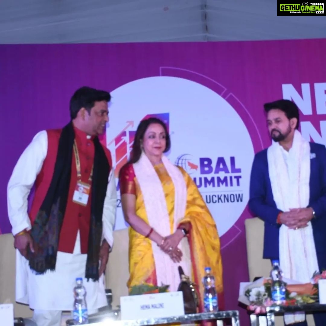 Hema Malini Instagram - Attended the Global Investor's Summit at Lucknow on the 12th of Feb, organised by the Film Bandhu UP. Addressed the gathering as a rep of the Ind Film Industry.The Chief Guest at the film section was I&B Min Shri Anurag Thakur. Happy to have shared stage with my colleagues Ravi Kishan & Madhur Bhandarkar. More photos of the event. @pmo_india #ianuragthakur07 @ravikishann @myogi_adityanath #globalinvestorssummit #lucknow #filmbandhu