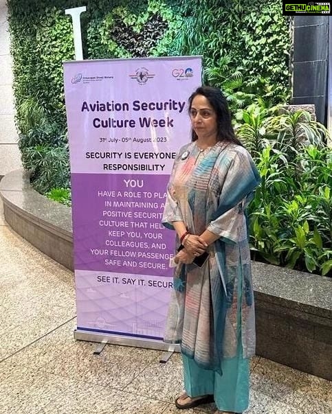 Hema Malini Instagram - I would like to congratulate the Ministry of Civil Aviation & DG BCAS for initiating the Aviation Security Culture Week across India with an endeavor to raise awareness on Aviation security with a commitment to make air travel safe for all. Thank you CISF and the entire team of Security professionals at Mumbai International Airport, for making our journey safe and secure. Remember, Security is everyone’s responsibility - See it. Say it. Secure it. I would also like to thank CISF and Airline security staff who were assembled (20-30 staff) on my way, post security and I appreciate their efforts in making Air travel safe and secure at Mumbai Airport.@csmia_official for Mumbai Airport @MOCA for Ministry of Civil Aviation @moca_goi #securityculturalweek #mumbaiaviation #mumbaiinternationalairport