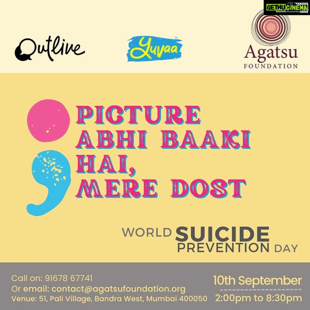 Ira Khan Instagram - Things are much less frightening when we know something about them and learn what we can do about them if we don’t like them. 10th September. It’s recognised as World Suicide Prevention Day every year. This is not an event where we scare you about suicide. Its heavy and sensitive but it’s not dreadful. It’s to make people aware that each and everyone can do small things and big things (whichever we want) to make someone who struggling feel less alone. To notice and do our little bit towards bringing back hope to someone’s life. There are so many people who have thoughts about suicide and feel isolated and alone and scared. They don’t have to. They’re probably sitting next you, are someone you love or someone you meet quite frequently. For them and for yourself, I urge you to lift the veil over this topic. Let’s be less scared together. Let’s be less alone together. LINK IN BIO #worldsuicidepreventionday #wspd #goyellow #suicideprevention #hope #life #semicolonproject #pictureabhibaakihaimeredost #agatsu #yourenotalone #helpisoutthere #askforhelp #help #support #itsokay #connection #love #community #event #sunday Pali Village, Bandra West